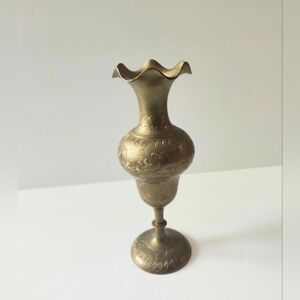 Poetic Vintage Indian Brass Vase with Playful Scalloped Edges and Etched Floral